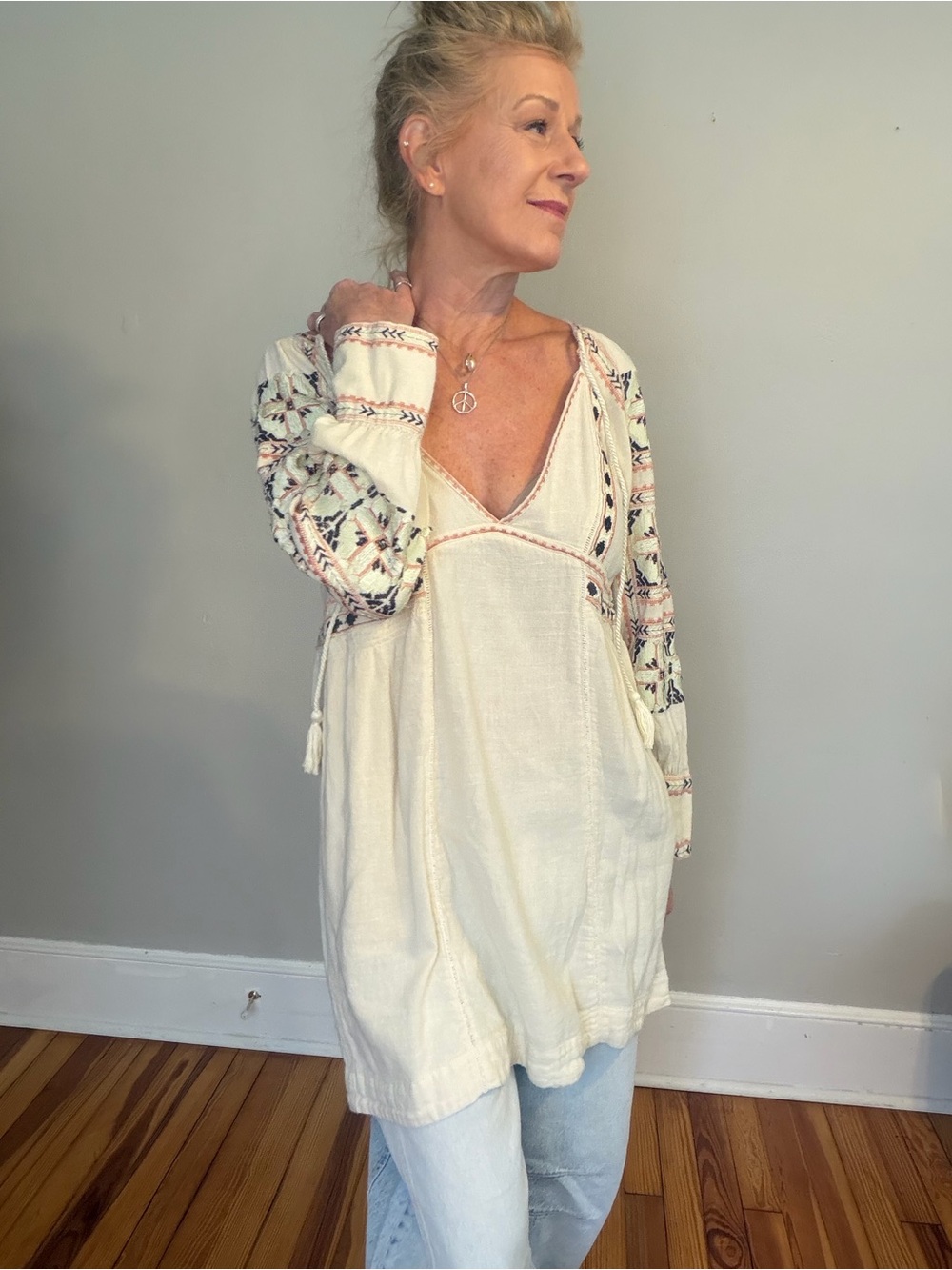 Free People Boho Embroidered Cream Tunic with Patterned Sleeves